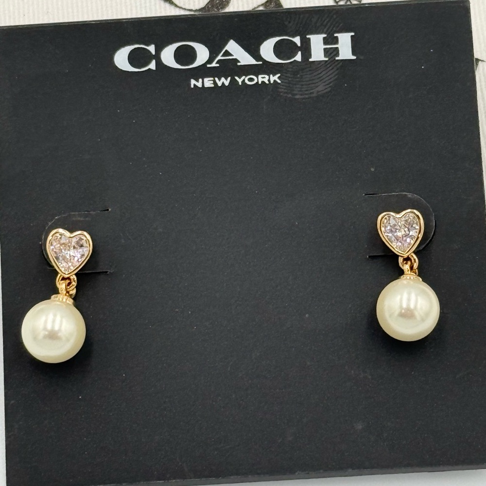 COACH Pearl Drop Earrings with Heart Rhinestones - Picture 2 of 3
